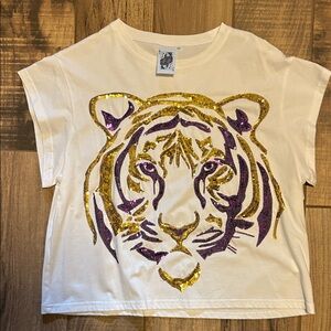 QUEEN OF SPARKLES White Tee with Purple and Gold Tiger